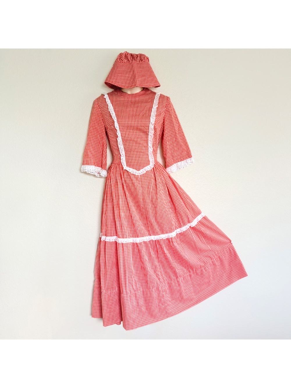 VTG 70s Cottagecore Americana Homemade Red Gingham Eyelet Lace Prairie Dress